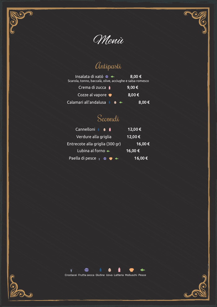 Esempio di menù ristorante in PDF con allergeni