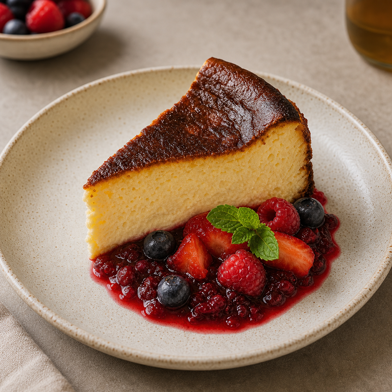 Basque cheesecake with red berries