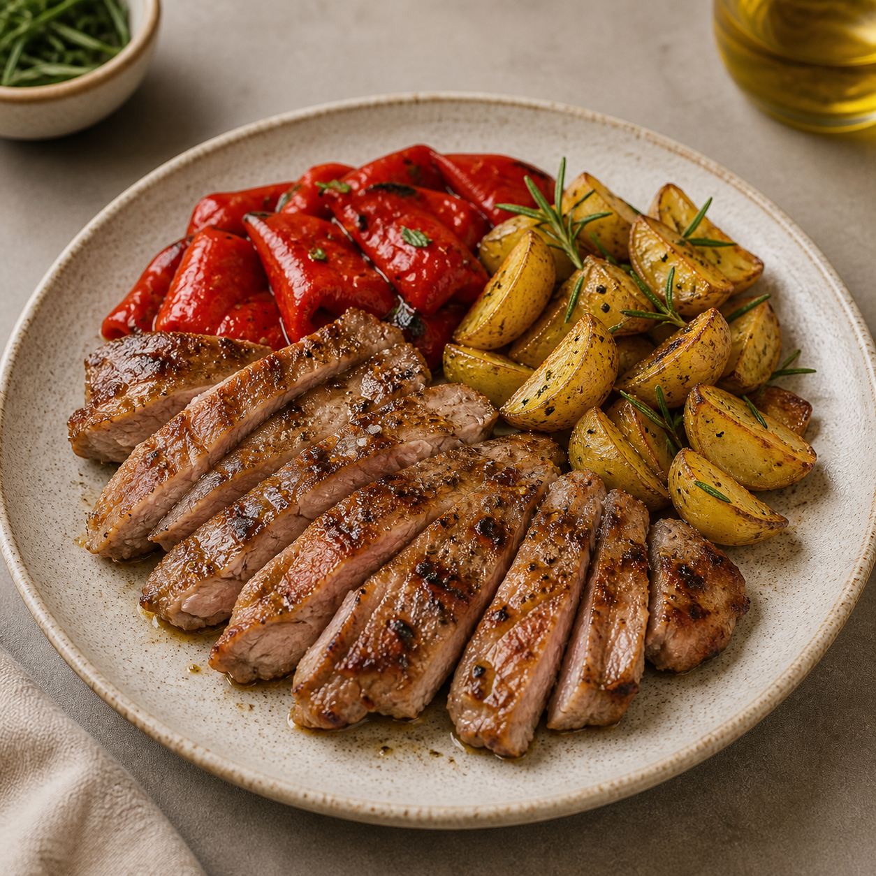 Iberian pork secreto with piquillo peppers